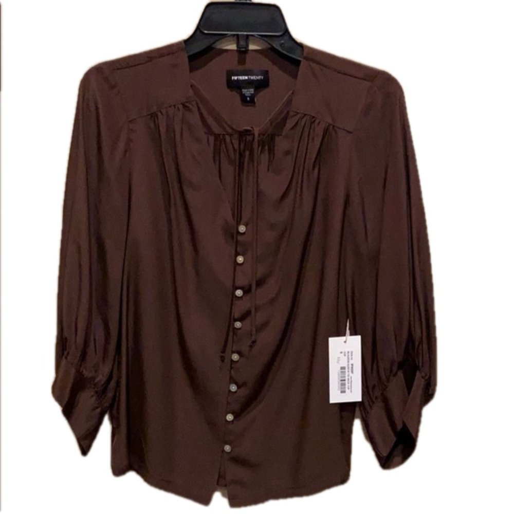 Fifteen Twenty Blouson Silk Shirt Tie V-Neck Brown